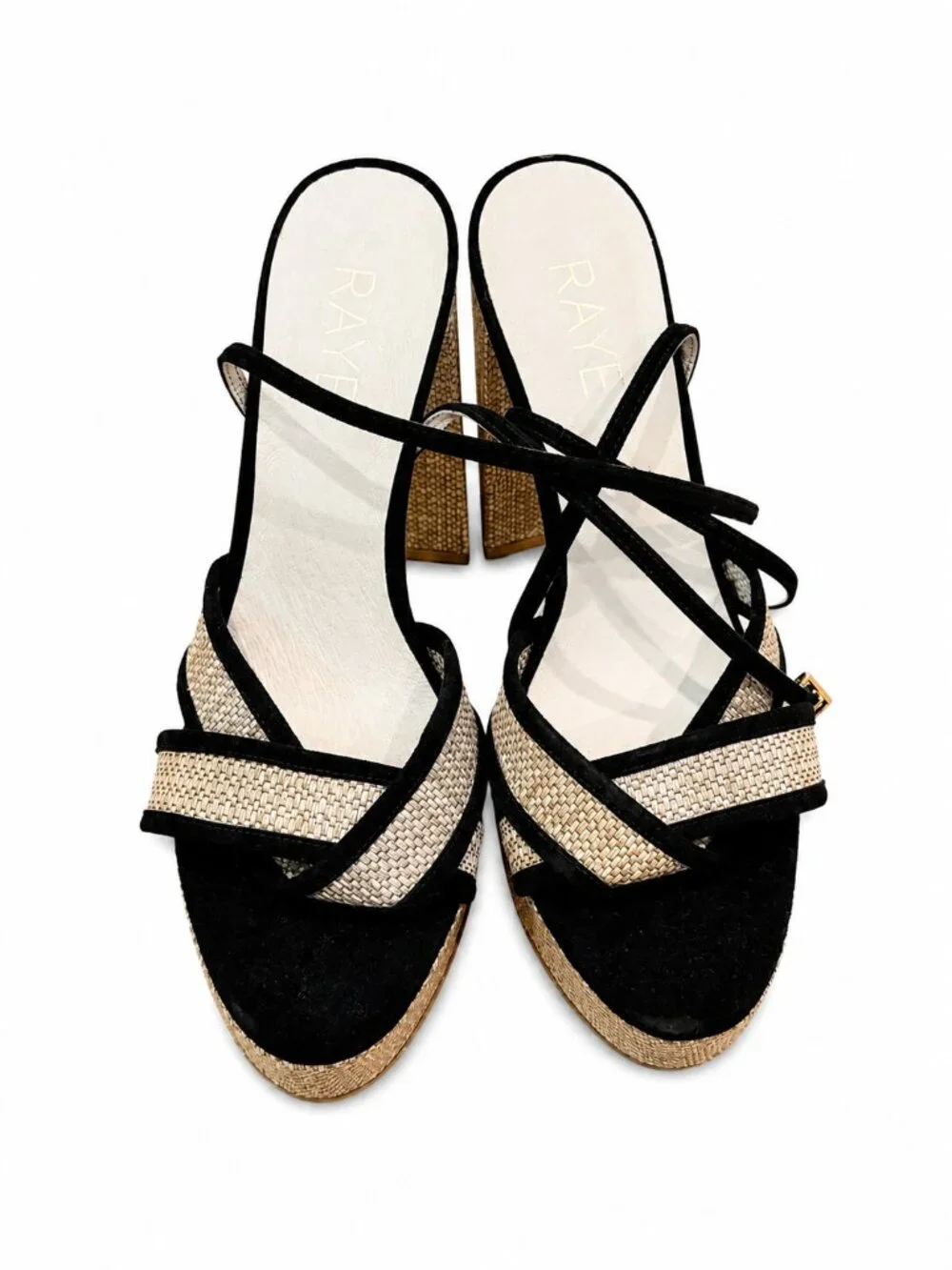 RAYE Black & Raffia Strappy Block Heel Sandals